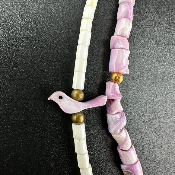 Vintage BIRD FETISH Necklace Purple & White Sea Shell Bead & Earrings - Picture 4 of 9